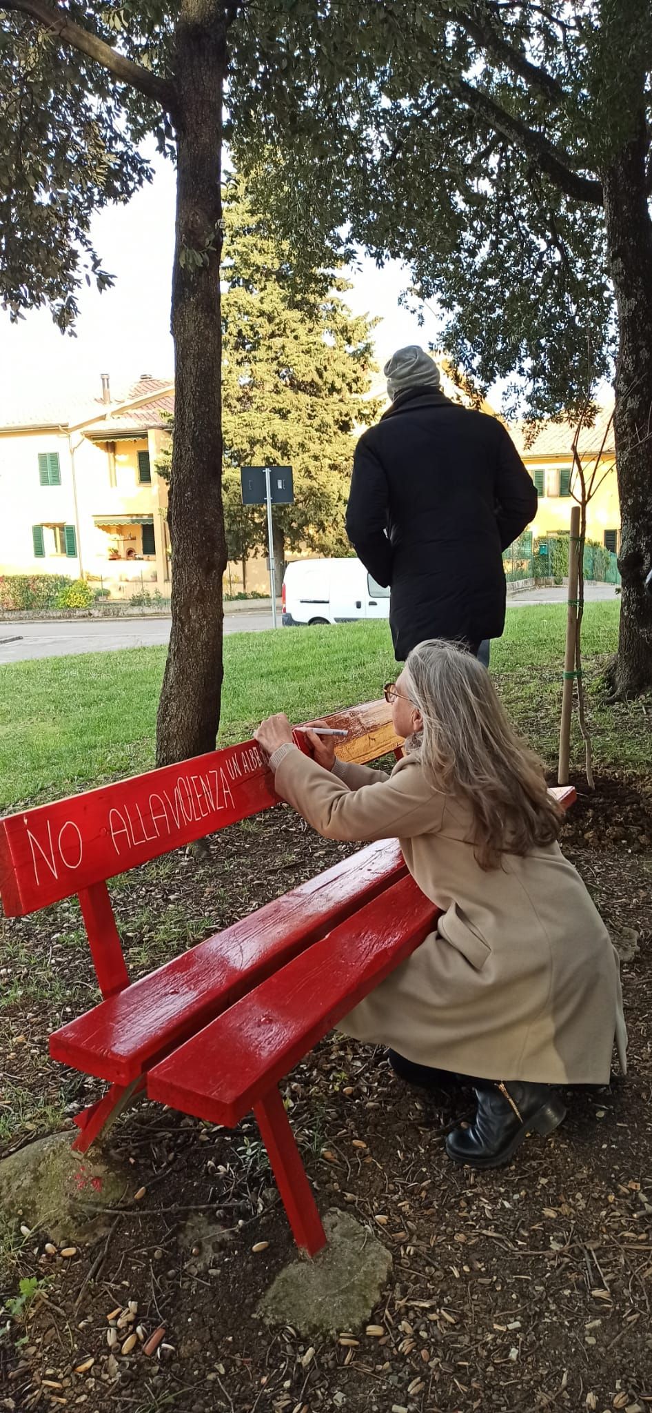 immagine panchina rossa e un albero piantato nel boschetto dell’Uccellare_4